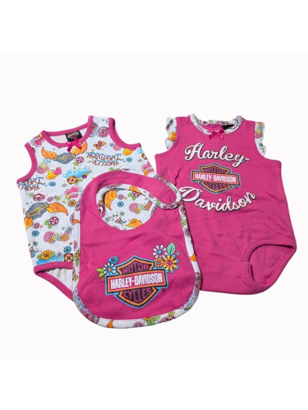 Harley-Davidson Baby Girl 3/6M Pink  "Harley Cutie" 3 pc Creeper Set w Bib